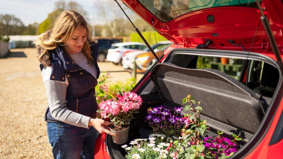 Woman putting flowers in boot of car